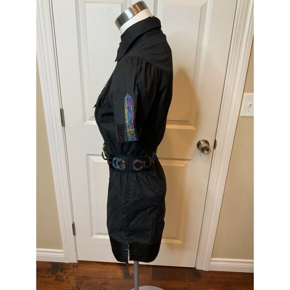 COOGI Black Mini Short Sleeve Jewel Belted Logo Shirt Dress, Size Small - Picture 5 of 7
